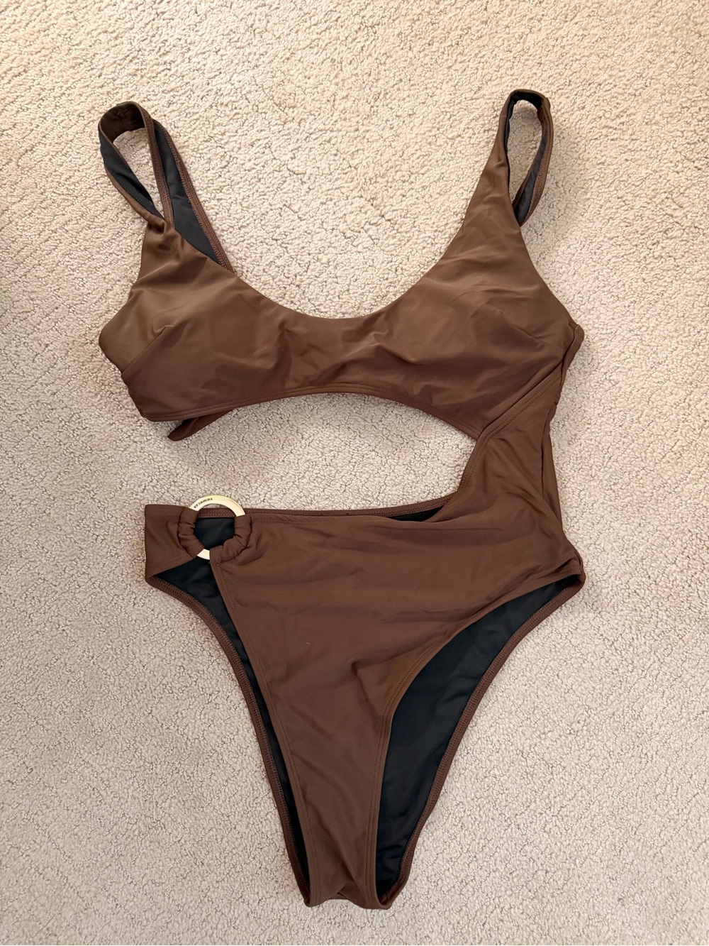 NEW tag Brown One-Shoulder Cutout Swimsuit with Ring Detail